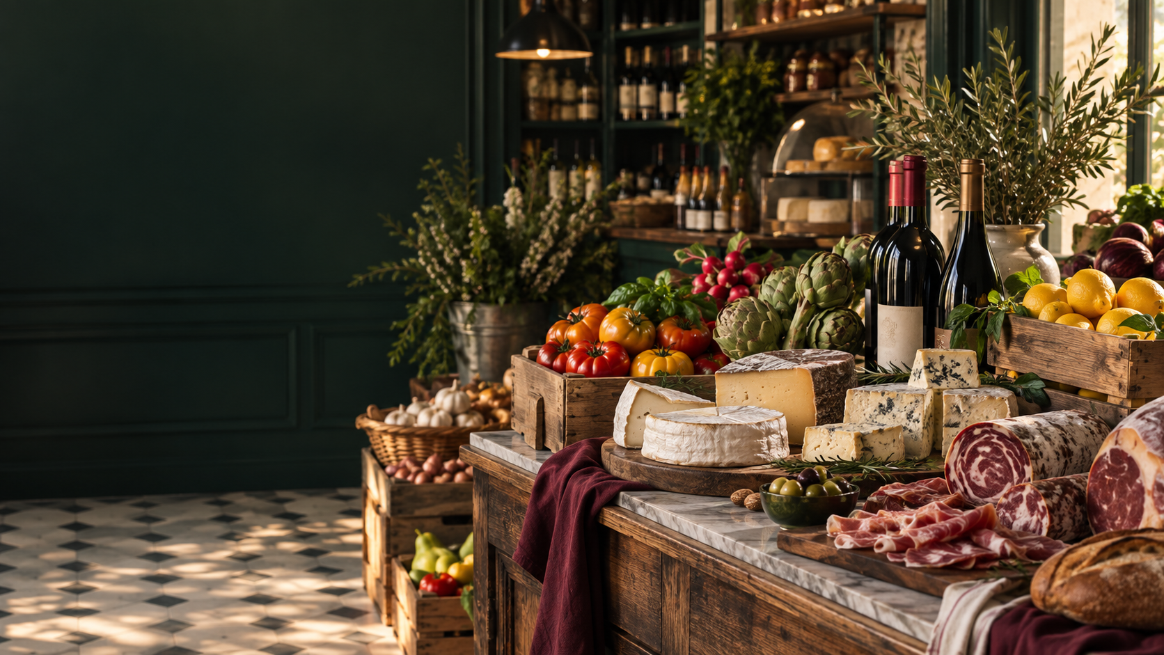 Étal gourmand de fruits, légumes, fromages, charcuteries et vins